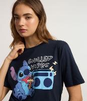 Camiseta Alongada em Algodão com Estampa Stitch Chilled Vibes - 1