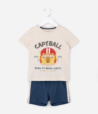 Pijama Curto Infantil com Estampa de Capivara e Futebol Americano - Tam 2 a 6 Anos