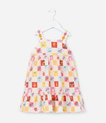 Vestido Infantil sem Manga Estampa de Flores e Textura - Tam 1 a 5/6 Anos