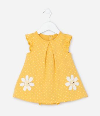 Vestido Body Infantil com Estampa Poá e Bordado de Margarida - Tam 0 a 18 meses