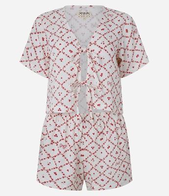 Pijama Short Doll em Algodão Texturizado com Estampa Floral e Amarração