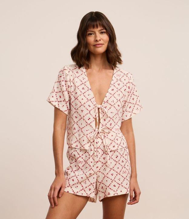 Pijama Short Doll em Algodão Texturizado com Estampa Floral e Amarração - 3