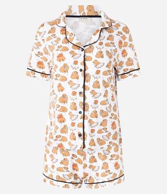 Pijama Short Doll Americano em Viscose com Estampa de Capivaras Divertidas