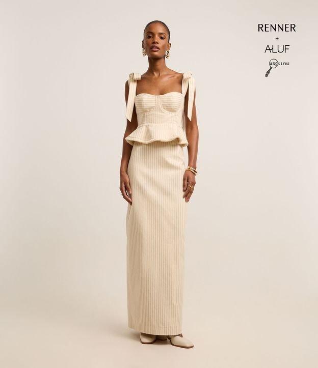 Saia Cintura Alta Longa Listrada em Algodão com Fenda - 1