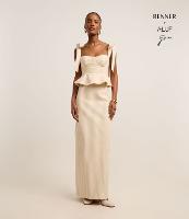 Saia Cintura Alta Longa Listrada em Algodão com Fenda - 1