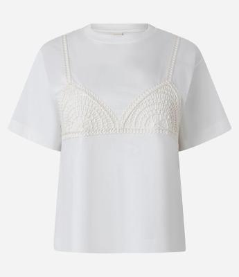 Blusa Slim em Algodão com Bordado Sutiã de Efeito Crochê