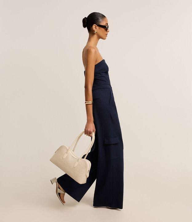 Calça Reta Cintura Baixa em Ponto Roma com Listras de Fio Tinto - 1