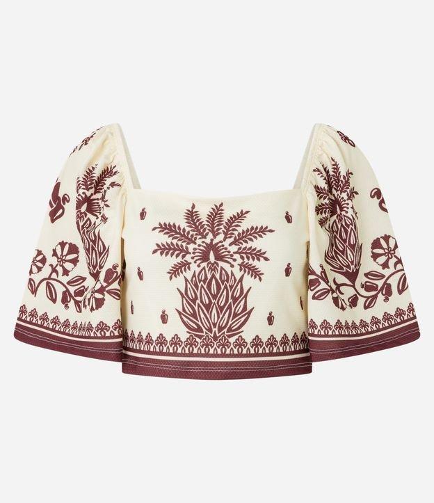 Blusa Cropped Texturizada com Estampa Tropical - 1