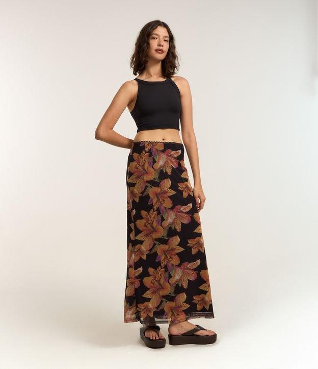 Saia Reta Longa com Cintura Elástica e Estampa Floral - 1