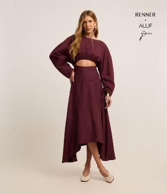 Vestido Longo em Algodão e Linho com Vazado e Franzidos