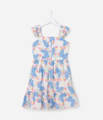 Vestido Infantil com Babados e Estampa Borboletas - Tam 5 a 14 Anos