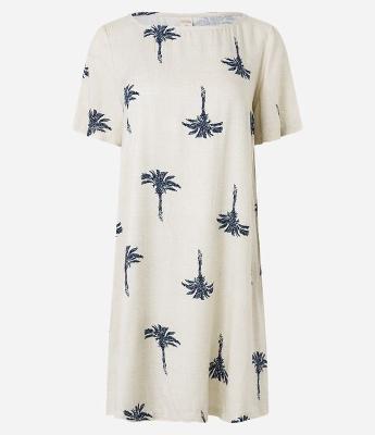 Vestido T-Shirt em Viscose com Efeito Linho e Estampa Coqueiros