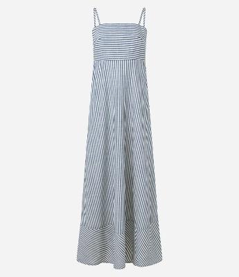 Vestido Longo Reto em Sarja Listrada e Alcinhas