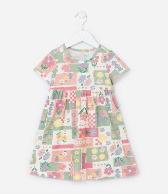 Vestido Infantil Canelado com Estampa Floral - Tam 1 a 6 Anos