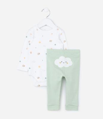 Conjunto Body e Calça em Suedine Estampa Mini Elementos - Tam RN a 18 meses