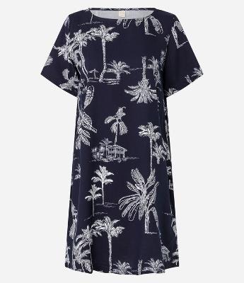 Vestido T-Shirt Reto em Viscose com Estampa Coqueiros