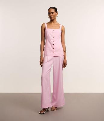 Calça Pantalona Cintura Alta com Linho e Pregas