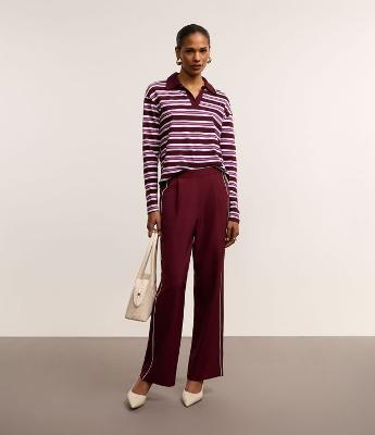 Calça Wide Leg com Corte Alfaiatado e Viés Contrastante