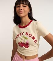 Blusa Baby Look em Algodão com Gola Contrastante e Silk Cherry Bomb - 1