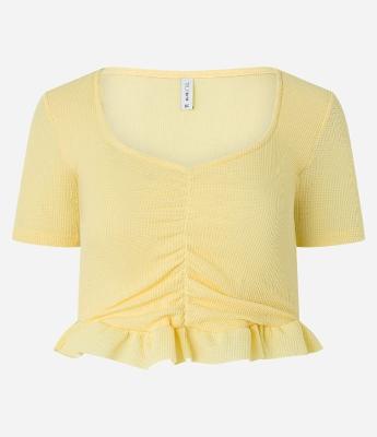 Blusa Cropped Texturizada com Franzido e Babado na Barra