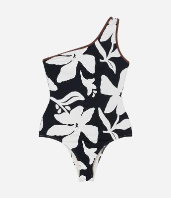 Maiô Ombro Só em Microfibra com Estampa Floral e Viés Constrastante