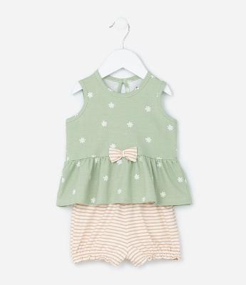 Conjunto Infantil em Malha com Lacinho e Estampa de Florzinhas - Tam 0 a 18 meses