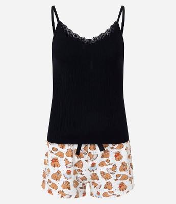Pijama Short Doll em Viscose com Short Estampado de Capivaras