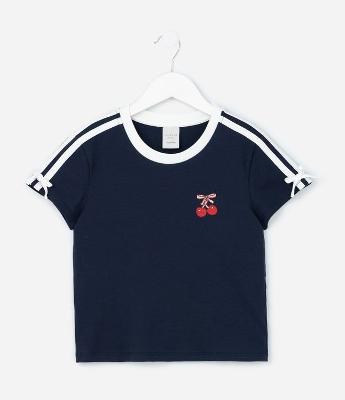 Blusa Infantil com Lacinhos e Bordado Cereja - Tam 5 a 14 Anos