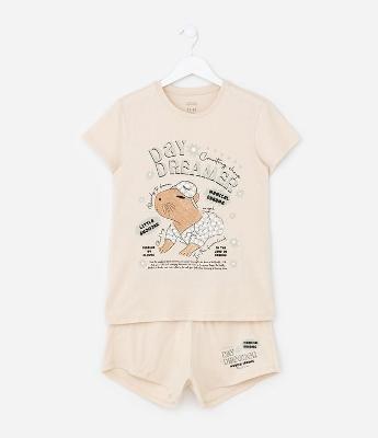 Pijama Curto Infantil em Algodão com Estampa de Capivara - Tam 7 ao 14 Anos