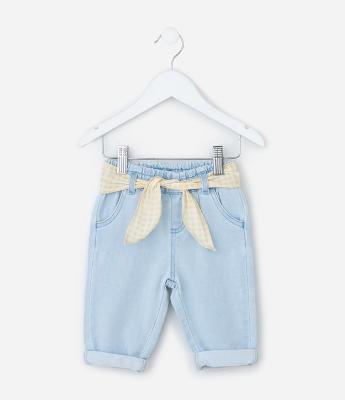 Calça Infantil Clochard em Jeans com Cinto Estampado - Tam 3 a 18 Meses