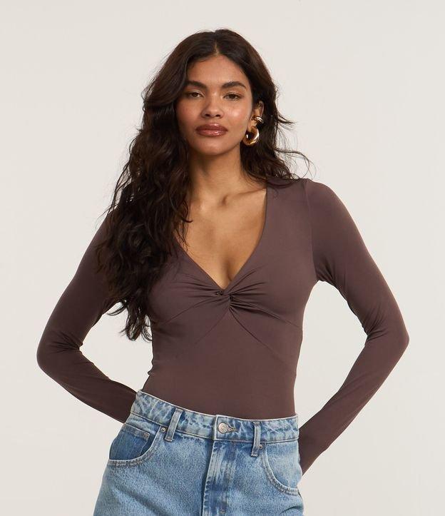 Body em Microfibra com Busto Torcido e Decote V - 2