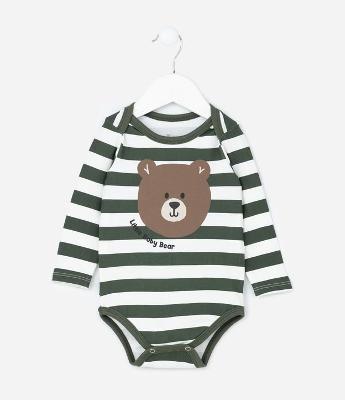 Body Infantil com Estampa Ursinho e Listras - Tam 0 a 18 meses