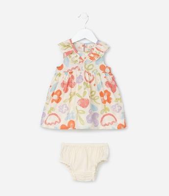 Vestido Infantil em Tricoline com Babadinhos e Calcinha - Tam 3 a 18 meses