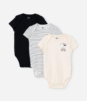 Kit 03 Bodies Infantis com Estampa Urso e Listras - Tam RN a 18 meses