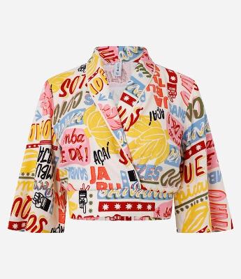 Blusa Cropped em Viscolinho Transpassada e Estampa Tropical