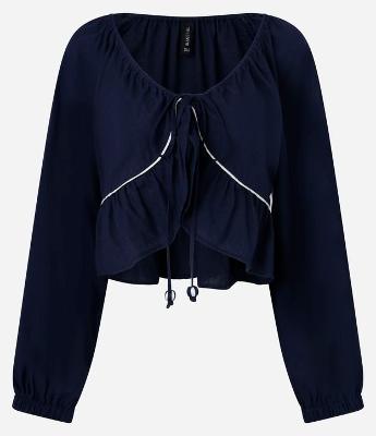 Blusa em Viscolinho com Viés Contrastante e Barra de Babado