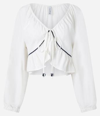 Blusa em Viscolinho com Viés Contrastante e Barra de Babado