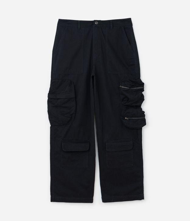 Calça Super Baggy em Sarja com Bolso Cargo com Fechamento por Zíper - 1