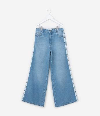 Calça Wide Leg Infantil Jeans com Listras Laterais - Tam 5 a 14 Anos
