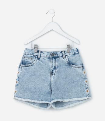 Short Infantil Jeans com Bordado Floral -  Tam 5 a 14 Anos