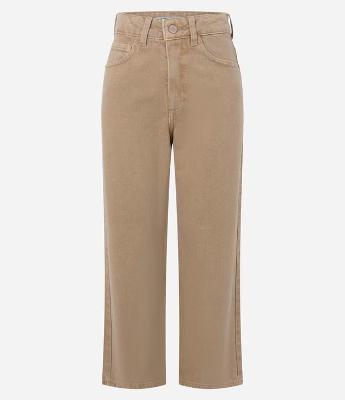 Calça Reta Cropped em Sarja com Cintura Alta