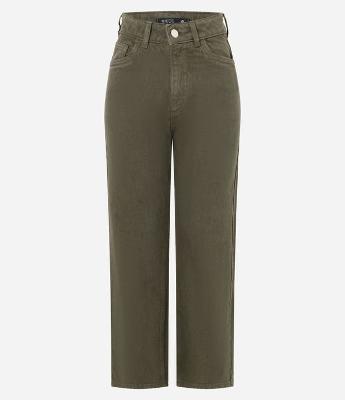 Calça Reta Cropped em Sarja com Cintura Alta