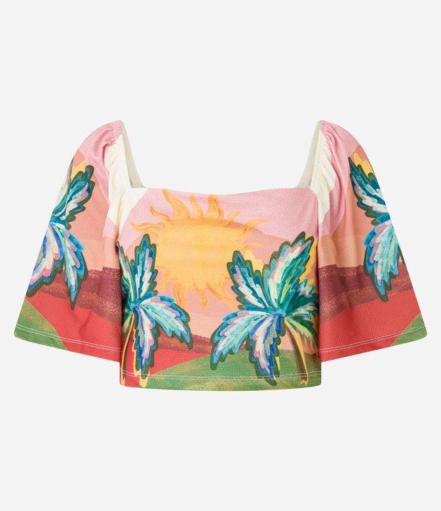 Blusa Cropped Texturizada com Estampa Tropical - 1