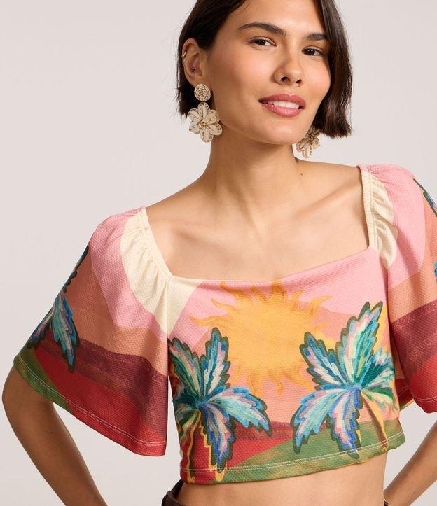 Blusa Cropped Texturizada com Estampa Tropical - 2