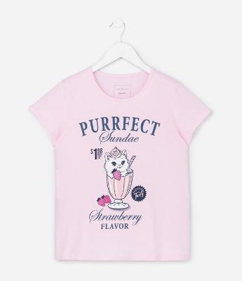 Camiseta Infantil com Estampa Sundae de Gatinho - Tam 7 a 14 Anos
