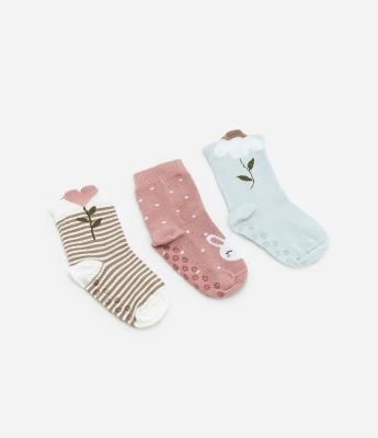 Kit 03 Meias Infantis com Estampa Bichinho e Flores - Tam 0 a 12 meses
