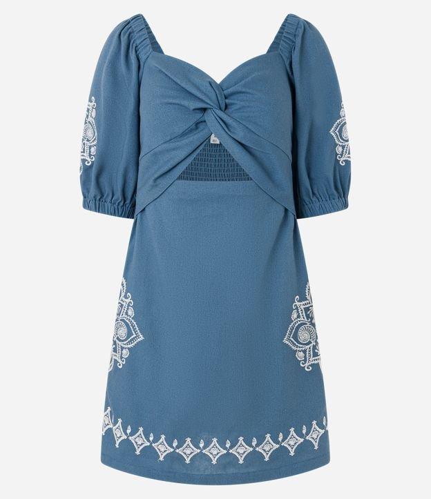 Vestido Curto em Viscolinho com Busto Torcido e Bordo Floral - 1