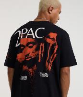 Camiseta Relaxed em Algodão com Estampa de Cruz e Lettering Tupac Shakur - 3