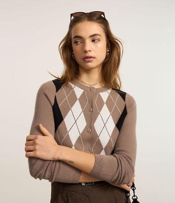 Cardigan em Tricô com Estampa Xadrez