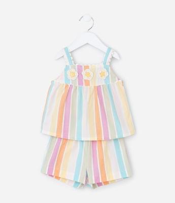 Conjunto Infantil de Listras com Aplicações de Crochê na Blusa  - Tam 1 a 5 Anos